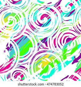 Abstract seamless chaotic pattern with urban geometric elements, scuffed, drops, triangles,  sprays. Grunge neon texture background. Wallpaper for boys and girls