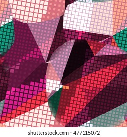 Abstract seamless chaotic pattern with urban geometric elements, scuffed, drops, sprays, triangles. Texture pattern for covers, banners, booklets, etc. For web or printed media.