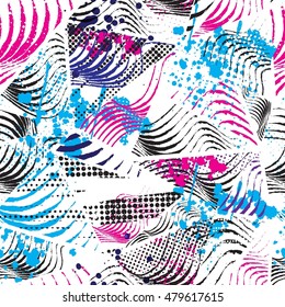 Abstract seamless chaotic pattern with urban geometric elements, scuffed, drops, triangles,  sprays. Grunge neon texture background. Wallpaper for boys and girls