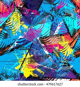 Abstract seamless chaotic pattern with urban geometric elements, scuffed, drops, triangles,  sprays. Grunge neon texture background. Wallpaper for boys and girls