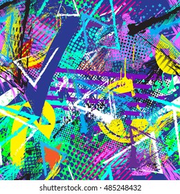 Abstract seamless chaotic pattern with urban geometric elements , for textile. Modern grunge background . Wallpaper for boys and girls