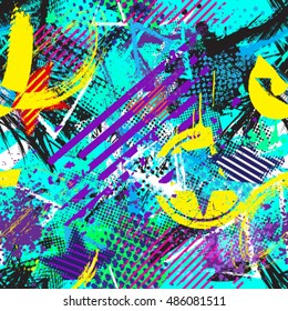 Abstract seamless chaotic pattern with urban geometric elements , for textile. Modern grunge background . Wallpaper for boys and girls