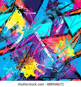 Abstract seamless chaotic pattern with urban geometric elements, scuffed, drops, sprays, triangles. Grunge neon texture background. Wallpaper for boys and girls