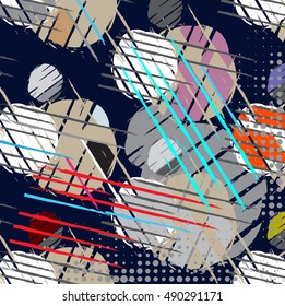 Abstract seamless chaotic pattern with urban geometric elements, scuffed, drops, spots, sprays. Grunge neon texture background. Drive modern creative wallpaper for guys