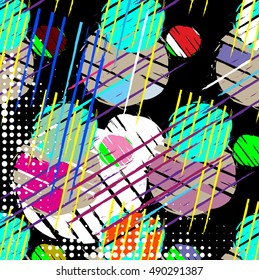 Abstract seamless chaotic pattern with urban geometric elements, scuffed, drops, spots, sprays. Grunge neon texture background. Drive modern creative wallpaper for guys