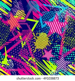 Abstract seamless chaotic pattern with urban geometric elements, scuffed, drops, triangles, sprays Grunge neon texture background. Wallpaper for boys and girls - stock vector
