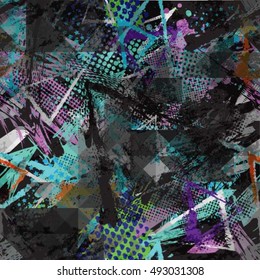 Abstract seamless chaotic pattern with urban geometric elements, scuffed, drops, triangles,  sprays. Grunge neon texture background. Wallpaper for boys and girls