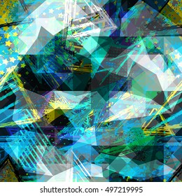 Abstract seamless chaotic pattern with urban geometric elements, scuffed, drops, triangles,  sprays. Grunge neon texture background. Wallpaper for boys 