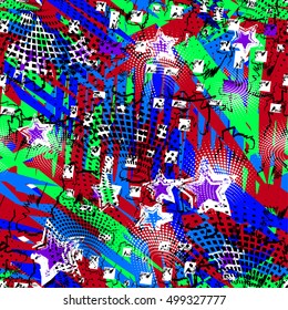 Abstract seamless chaotic pattern with urban geometric elements, rectangle, star, scuffed, drops, sprays, pocket brush pen. Modern grunge, neon texture background. Wallpaper for boys and girls