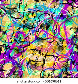 Abstract seamless chaotic pattern with urban geometric elements, rectangle, star, scuffed, drops, sprays, pocket brush pen. Modern grunge, neon texture background. Wallpaper for boys and girls