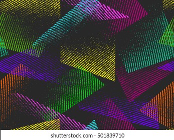 Abstract seamless chaotic pattern with urban geometric elements. Grunge neon texture background. Wallpaper for print.