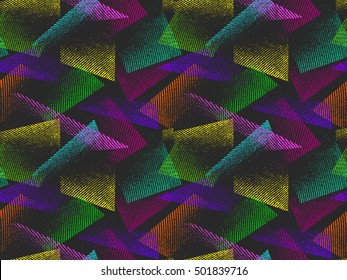 Abstract seamless chaotic pattern with urban geometric elements. Grunge neon texture background. Wallpaper for print.