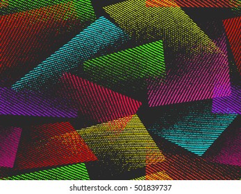 Abstract seamless chaotic pattern with urban geometric elements. Grunge neon texture background. Wallpaper for print.