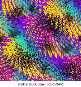 Abstract seamless chaotic pattern with urban geometric elements, rectangle, star, scuffed, drops, sprays, pocket brush pen. Modern grunge, neon texture background. Wallpaper for boys and girls