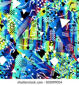 Abstract seamless chaotic pattern with urban geometric elements, rectangle, star, scuffed, drops, sprays, pocket brush pen. Modern grunge, neon texture background. Wallpaper for boys and girls