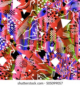 Abstract seamless chaotic pattern with urban geometric elements, rectangle, star, scuffed, drops, sprays, pocket brush pen. Modern grunge, neon texture background. Wallpaper for boys and girls