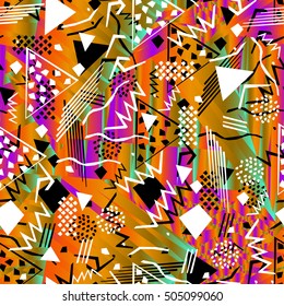 Abstract seamless chaotic pattern with urban geometric elements, rectangle, star, scuffed, drops, sprays, pocket brush pen. Modern grunge, neon texture background. Wallpaper for boys and girls