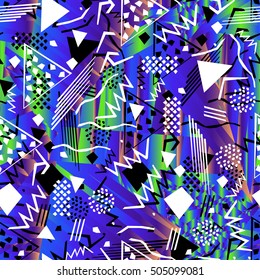 Abstract seamless chaotic pattern with urban geometric elements, rectangle, star, scuffed, drops, sprays, pocket brush pen. Modern grunge, neon texture background. Wallpaper for boys and girls