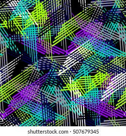 Abstract seamless chaotic pattern with urban geometric elements, line. Modern grunge, neon texture background. Wallpaper for boys and girls