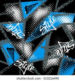 Abstract seamless chaotic pattern with urban geometric elements, scuffed, drops, triangles, spots, sprays. Grunge neon texture background. Wallpaper for boys and girls