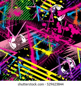 Abstract seamless chaotic pattern with urban geometric elements ,scuffed, drops, triangles, spots, sprays, for textile. Modern grunge background . Wallpaper for boys and girls