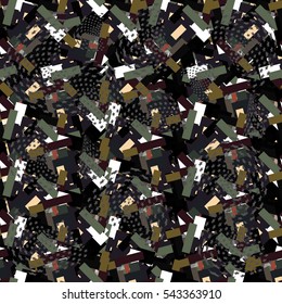 Abstract seamless chaotic pattern with urban geometric elements, rectangle, star, scuffed, drops, sprays, pocket brush pen. Modern grunge, neon texture background. Wallpaper for boys and girls