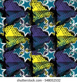 Abstract seamless chaotic pattern with urban geometric elements, rectangle, star, scuffed, drops, sprays, pocket brush pen. Modern grunge, neon texture background. Wallpaper for boys and girls