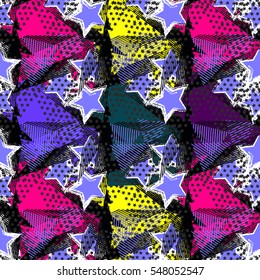 Abstract seamless chaotic pattern with urban geometric elements, rectangle, star, scuffed, drops, sprays, pocket brush pen. Modern grunge, neon texture background. Wallpaper for boys and girls
