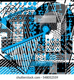 Abstract seamless chaotic pattern with urban geometric elements, rectangle, star, scuffed, drops, sprays, pocket brush pen. Modern grunge, neon texture background. Wallpaper for boys and girls