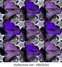 Abstract seamless chaotic pattern with urban geometric elements, rectangle, star, scuffed, drops, sprays, pocket brush pen. Modern grunge, neon texture background. Wallpaper for boys and girls