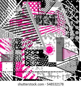 Abstract seamless chaotic pattern with urban geometric elements, rectangle, star, scuffed, drops, sprays, pocket brush pen. Modern grunge, neon texture background. Wallpaper for boys and girls