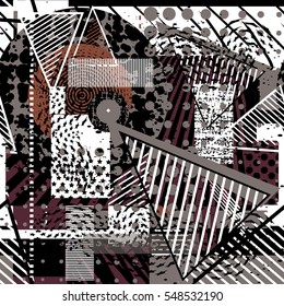 Abstract seamless chaotic pattern with urban geometric elements, rectangle, star, scuffed, drops, sprays, pocket brush pen. Modern grunge, neon texture background. Wallpaper for boys and girls