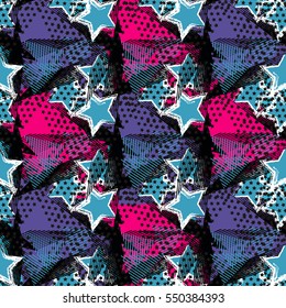 Abstract seamless chaotic pattern with urban geometric elements, rectangle, star, scuffed, drops, sprays, pocket brush pen. Modern grunge, neon texture background. Wallpaper for boys and girls