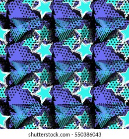 Abstract seamless chaotic pattern with urban geometric elements, rectangle, star, scuffed, drops, sprays, pocket brush pen. Modern grunge, neon texture background. Wallpaper for boys and girls