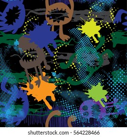 Abstract seamless chaotic pattern with urban geometric elements and monsters , for textile. Modern grunge background . Wallpaper for boys and girls
