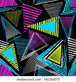 Abstract seamless chaotic pattern with urban geometric elements, scuffed, drops, triangles, spots, sprays. Grunge neon texture background. Wallpaper for boys and girls