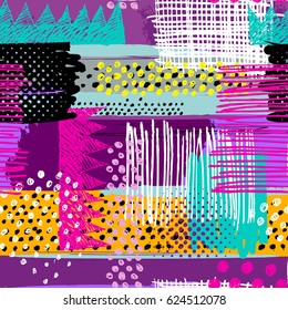 Abstraktes, nahtloses chaotisches Muster mit urbanen geometrischen Elementen, geschnitzt, Tropfen, Flecken, Sprays Grunge Neon Textur Hintergrund. Tapete für Jungen und Mädchen