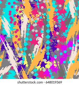 Abstract seamless chaotic pattern with urban geometric elements, scuffed, drops, triangles, sprays. Grunge neon texture background. Wallpaper for boys and girls