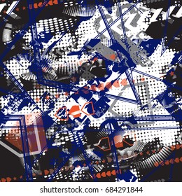 Abstract seamless chaotic pattern with urban geometric elements, scuffed, drops, sprays, triangles. Grunge neon texture background. Wallpaper for boys and girls