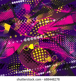 Abstract seamless chaotic pattern with urban geometric elements, scuffed, drops, sprays, triangles. Grunge neon texture background. Wallpaper for boys and girls
