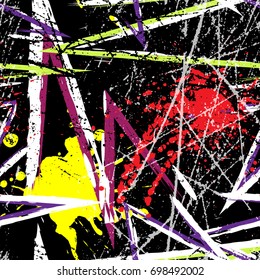 Abstract seamless chaotic pattern with urban geometric elements, scuffed, drops, triangles, sprays. Grunge neon texture background. Wallpaper for boys and girls