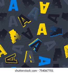 Abstract seamless chaotic pattern with urban letter. Grunge neon alphabet texture background. Wallpaper for boys and girls.