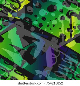 Abstract seamless chaotic pattern with urban geometric elements, scuffed, drops, triangles, sprays Grunge neon texture background. Wallpaper for boys and girls - stock vector