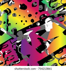Abstract seamless chaotic pattern with urban geometric elements, scuffed, drops, triangles, sprays Grunge neon texture background. Wallpaper for boys and girls - stock vector