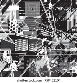 Abstract seamless chaotic pattern with urban geometric elements, scuffed, drops, triangles,  sprays.  Monochrome. Grunge texture  Wallpaper for boys and girls