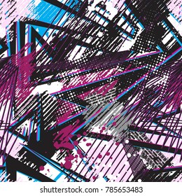 Abstract seamless chaotic pattern with urban geometric elements , for textile. Modern grunge background . Wallpaper for boys and girls