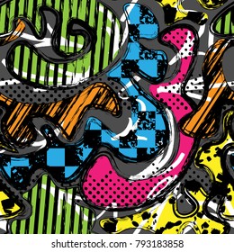 Abstract seamless chaotic pattern with urban geometric elements, for textile. Modern grunge background. Wallpaper for boys and girls.