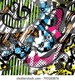 Abstract seamless chaotic pattern with urban geometric elements, for textile. Modern grunge background. Wallpaper for boys and girls.