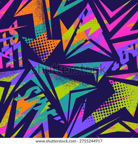 Abstract seamless chaotic pattern with urban graffiti elements, scuffed and sprays. Grunge neon texture background. Fashion womans sport style