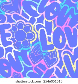 Abstract seamless chaotic pattern with word "love, flower, rainbow. Bright vector background. Cute Wallpaper for girls. 